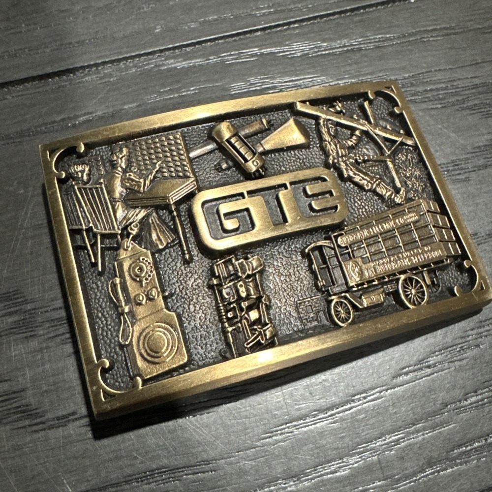 Vintage 1980's GTE Brass Belt Buckle General Telephone Electronics Robbin's
